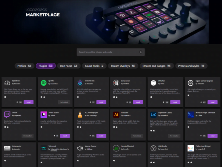Loupedeck Plugins available in the Marketplace of the Loupedeck Software
